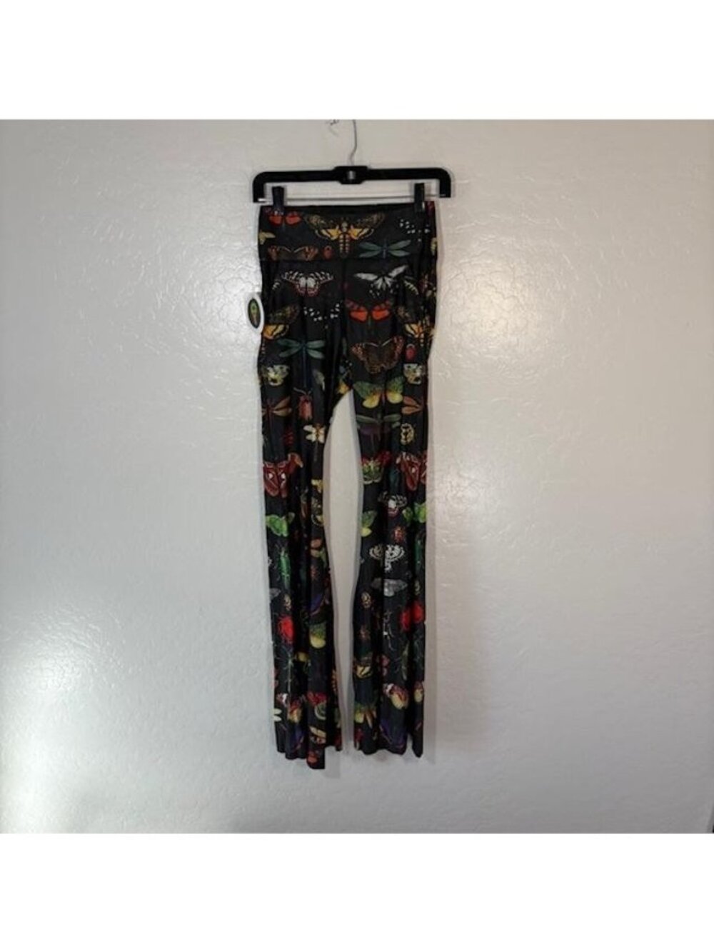 Yoga Democracy Pants Womens Small Black Flare Yoga Butterfly Moth Print Pocket